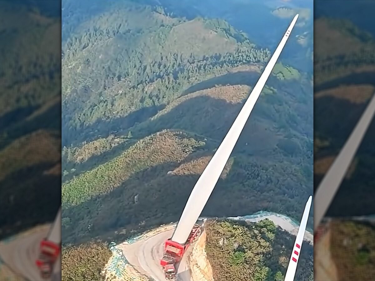 Truck Carrying 387-Foot Long Wind Turbine Blade Up A Mountain Looks Like The Most Stressful Work Day Ever