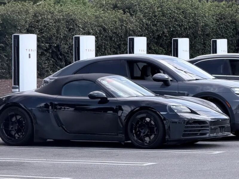 Electric Porsche Boxster spotted plugged in at Tesla Supercharger in California